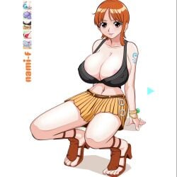 1girls animated big_breasts brown_eyes crouching cum dildo f-series female female_only flying_tree_frog highres moaning music nami one_piece orange_hair panties pose posing pre-timeskip resized sandals sex_toy short_hair shorter_than_30_seconds sitting skirt solo sound swf tagme tanktop tattoo undressing vaginal_penetration video