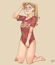 1girls 2020s 2022 adora beige_background blonde_female blonde_hair blush bottomless bottomless_female cock_shirt covering_crotch female female_focus female_only hand_on_head hand_on_own_head heart human humanoid kneeling light-skinned_female light_skin long_hair looking_at_viewer magi nipples_visible_through_clothing open_mouth ponytail red_shirt she-ra_and_the_princesses_of_power shirt shirt_only shirt_pull shirt_pulled_down shirt_tug simple_background solo solo_female sweat thick_thighs