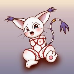 bandai_namco bondage bondage bound digimon digimon_(species) female gatomon hi_res koufun nipples restraints rope rope_bondage rope_harness solo