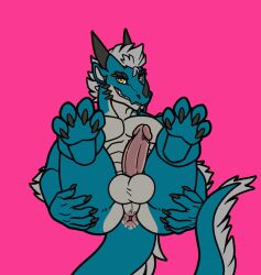 absurd_res anthro anus balls claws dragon feet genitals gunner hair hi_res horn male male_only nude penis pink_background presenting presenting_anus scalie sharkiedude simple_background solo yellow_eyes