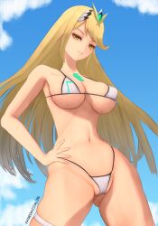 1girls bikini bikini_bottom bikini_top breasts cleavage core_crystal female female_only hair hand_on_hip huge_breasts long_hair mythra solo solo_female swimsuit swimwear thighs white_bikini xenoblade_(series) xenoblade_chronicles_2 yellow_eyes yellow_hair zelc-face