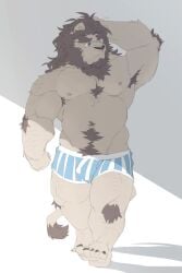 absurd_res anthro body_hair bulge chest_tuft clothed clothing elbow_tuft felid hand_on_head happy_trail hi_res knee_tuft leg_tuft lion male mammal mane meimei_kia muscular nipples pantherine simple_background solo topless tuft underwear underwear_only walking