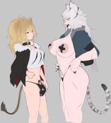 1futa 1girls animal_ears areolae arknights ass big_breasts black_nails black_panties blonde_hair bottomless breasts brown_eyes bulge cat_ears catgirl cleavage clothed clothing duo female female_pubic_hair fur_trim futanari grey_background hand_on_hip indra_(arknights) jacket large_areolae light-skinned_female light-skinned_futanari lion_ears lion_girl lion_tail long_hair mostly_nude multiple_girls navel open_mouth panties partially_clothed pasties penis ponytail pubic_hair scar sharp_teeth siege_(arknights) simple_background standing tail tank_top teeth tiger_ears tiger_girl tiger_tail tongue tongue_out underwear vulpyalt yellow_eyes