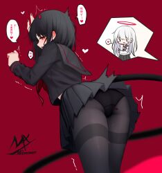 2girls angel_girl_(shimmer) bangs black-haired_demon_girl_(shimmer) black_hair black_pantyhose black_sailor_collar black_serafuku black_shirt black_skirt chara_afton demon_girl demon_horns demon_tail female female_only grey_sailor_collar grey_skirt hair_between_eyes halo highres horns multiple_girls original panties panties_under_pantyhose pantyhose pleated_skirt purple_background red_eyes sailor_collar school_uniform serafuku shimmer shirt signature skirt tail thighband_pantyhose translation_request underwear vibrator_in_pussy vibrator_under_panties white_hair yuri