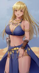 1girls absurdres alternate_costume amayo_thranana armlet bangs bare_arms bare_shoulders blonde_hair breasts cleavage commentary commission cowboy_shot crop_top feathers female female_only fire_emblem fire_emblem:_the_binding_blade hawkeye_(fire_emblem)_(cosplay) highres igrene_(fire_emblem) jewelry large_breasts midriff mole mole_under_eye navel necklace nintendo solo standing stomach thighs thrananaart yellow_eyes