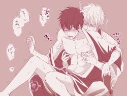 2boys bare_chest blush closed_eyes drooling from_behind gay gintama gintoki_sakata hijikata_toshiro kimono male male_only monochrome nanami_emu nipple_pinch nipple_play nipple_tweak off_shoulder open_kimono open_mouth sitting_on_lap sitting_on_person sweat toned toned_male trembling yaoi