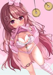 belly_button blush bra brown_hair chibi_(chibipower) chibipower clothed female female_focus female_only hair_ornament heart_hair_ornament heart_tattoo hoodie hypnosis legwear lifting_clothing looking_at_viewer mind_control nonude pendant pink_bra pink_hoodie pink_panties pink_ribbon pink_socks red_eyes ribbon shirt_in_mouth showing_breasts showing_panties spiral_eyes striped_bra striped_panties striped_socks thighs underwear undressing virtual_youtuber vtuber