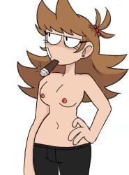 annoyed_expression bandage_on_face black_pants brown_hair cigar earrings eddsworld edit edited female female_only hair_horns light_brown_hair looking_away nipples pants_only pink_nipples red_earrings smoking solo topless tori_(eddsworld) white_background