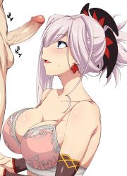 1boy 1girls asymmetrical_hair bare_shoulders blue_eyes blush bra breasts censored cleavage clothed_female_nude_male earrings eyebrows_visible_through_hair fate/grand_order fate_(series) from_side hair_between_eyes hair_ornament large_breasts large_penis light-skinned_female light-skinned_male light_skin long_hair looking_at_viewer miyamoto_musashi_(fate) mokichi_(nvzy3n) mosaic_censoring open_mouth penis pink_bikini pink_hair ponytail shiny simple_background smile solo_focus sound_effects tongue underwear upper_body white_background