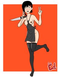 apron apron_between_breasts black_hair breasts chainsaw_man female_only higashiyama_kobeni just_ed short_hair stockings sweat