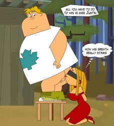 1boy 1girls anus ass asshole blaineley_(tdi) blindfold blindfolded blonde_female blonde_hair fat_man kissing kissing_ass looking_at_viewer micropenis owen_(tdi) rimjob rimming testicles thought_bubble total_drama_island