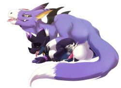 anthro anthro_on_feral anthro_penetrated balls bandai_namco black_body bodily_fluids cum cum_in_ass cum_inside cum_while_penetrated cumshot digimon digimon_(species) digimon_ghost_game dorumon duo ejaculation erection feral feral_penetrating feral_penetrating_anthro fur gammamon genital_fluids genitals green_eyes kuroigammamon male male/male male_penetrated male_penetrating male_penetrating_male penetration penis purple_body purple_fur sex x-digimon zoophilia