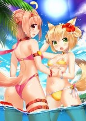 2girls arm_band ass beach bell bell_choker bikini blonde_hair bracelets breasts brown_eyes brown_hair cat_bell choker clouds collar flower_in_hair fox_ears fox_girl fox_tail green_eyes hair_bun heart-shaped_pupils holding_hands in_water leash looking_at_viewer medium_breasts midriff multiple_girls mvv navel ocean original outside palm_tree pink_bikini pink_swimsuit short_hair side-tie_bikini side-tie_swimsuit sky small_breasts swimsuit thigh_strap water yellow_bikini yellow_swimsuit