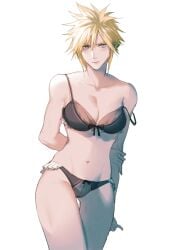 1girls arm_behind_back black_bra black_panties blonde_hair blue_eyes blush bow_bra bow_panties bra breasts cloud_strife eilinna final_fantasy final_fantasy_vii frilled_bra frilled_panties genderswap_(mtf) looking_at_viewer medium_breasts midriff navel panties rule_63 spiky_hair white_background