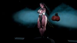 1girls 3d alternate_costume alternate_hairstyle asian asian_female athletic athletic_female chinese_clothes chinese_clothing chinese_dress chun-li chun-li_(battle_ouffit_sfv) dark_hair eyeliner halloween_pumpkin justfrog-entertainment long_hair makeup muscular muscular_female muscular_legs red_lipstick street_fighter street_fighter_v thick_thighs thighs toned toned_body toned_female virt-a-mate virtamate