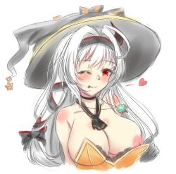 1girls cartoony female female_only guardian_tales half_vampire_priscilla_(guardian_tales) halloween horn june_swallow nipples one_breast_out priscilla_(guardian_tales) red_eyes solo tongue tongue_out white_hair wink witch_hat