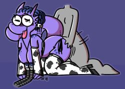 2018 animal_print anthro black_clothing blue_hair blush blush_lines bodily_fluids breast_milking breasts clothing cow_clothing cow_print dogfluid dragon duo eyewear female florentine glasses hair humanoid lactating looking_pleasured machine male male/female milking_machine one_eye_closed purple_body purple_scales purple_tail scales scalie tongue tongue_out white_clothing