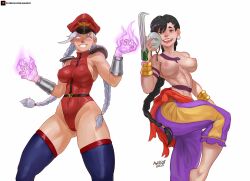 2girls abs art_with_a_side_of_fries awasof black_hair cammy_white chun-li claws commission dark_hair evil_grin evil_smile exposed_breasts exposed_nipples female female_only flames grin m_bison multiple_girls muscle muscles muscular muscular_female nipples street_fighter street_fighter_alpha street_fighter_iv street_fighter_v thigh_gap thighhighs thighs tight_clothes tight_clothing tight_fit tight_pants tights tongue tongue_out vega_(street_fighter) weapon weapons