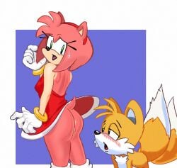 1boy amy_rose anus ass ass_cheeks blush bottomless canid canine colored_skin dress eulipotyphlan female fox fur furry gloves green_eyes hedgehog hedgehog_girl hedgehog_tail mammal pink_hair pink_skin sega skirt sonic_(series) stackincamps sweatdrop tagme tail tails thick_thighs thighs