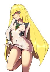 1girls blonde_hair femdom green_hair imminent_rape in_heat licking_lips lifted_by_self lifting_skirt long_hair looking_at_viewer lusamine_(pokemon) penguru_086 pokemon pokemon_sm see-through see-through_clothing solo_female very_long_hair