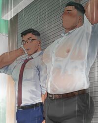 2boys ass bara belt big_ass big_ass_(male) big_bulge big_butt black_belt black_hair black_pants blue_pants brown_belt bulge glasses male male/male male_nipples male_only nipples otototo pants pocket puffy_nipples rain raining red_tie rolled_up_sleeves salaryman shirt shirt_pocket short_sleeves suit_pants sweat sweaty sweaty_face tie wet wet_clothes wet_shirt white_shirt