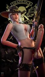 3d absurdres ashe_(overwatch) balls big_penis blender cum erection futa_only futanari highres hoop_earrings looking_at_viewer overwatch penis precum solo testicles unnero1