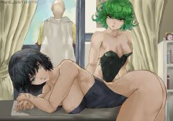 1boy 2girls areola_slip ass awg_usto bedroom big_breasts black_hair bunnysuit cleavage curly_hair esper_sisters fubuki_(one-punch_man) green_eyes green_hair large_breasts looking_at_viewer multiple_girls on_bed on_stomach one-punch_man saitama short_hair small_breasts tatsumaki tight_clothing