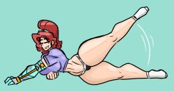 amber_(shewiff) ankle_socks anklehighs big_ass bottom_heavy crop_top freckles glasses huge_ass legs_apart legs_up mob_face ponytail prosthetic_arm prosthetic_limb red_hair robotic_arm shewiff smiling smirk socks stretch thick_thighs white_socks wide_hips yoga