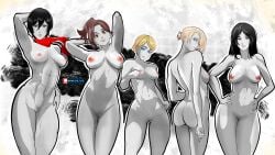 5girls annie_leonhardt ass attack_on_titan breasts female female_only grunge historia_reiss mikasa_ackerman multiple_girls nemesis179 nude pieck_finger pose pussy sasha_braus shingeki_no_kyojin uncensored