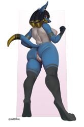 absurd_res anthro anus ass big_butt biped blue_body female female_lucario generation_4_pokemon genitals goldmikun hi_res holowear_(pokemon) lucario nintendo pokemon pokemon_(species) pokemon_unite pussy ruins_style_lucario solo video_games