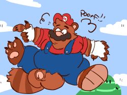 2022 4:3 after_transformation anthro balls belly big_balls canid canine clothing facial_hair fanatictanuki genitals hat headgear headwear hi_res male male_only mammal mario mario_(series) moustache nintendo overalls overweight overweight_male penis raccoon_dog shirt solo super_mario_3d_land tanooki_mario tanuki topwear video_games