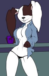 1girls 4n0nym0u5 anthro big_breasts black_panties blue_shirt breasts_apart brown_fur bunny_girl five_nights_at_freddy's five_nights_at_freddy's:_security_breach mug partially_clothed rabbit_girl simple_background smiling vanny_(fnaf) white_body white_fur