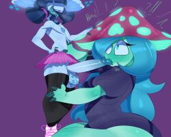 1futa 1girls balls bangs big_penis blue_skin bottomless breasts clothed clothing doll duo erection female futa_on_female futanari humanoid humanoid_penis intersex larger_female mostly_clothed mostly_nude mushroom mushroom_humanoid penis short_hair shortstack size_difference small_dom_big_sub smaller_futa standing tayuri thick_thighs thighhighs tongue tongue_out wide_hips