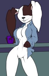 1girls 4n0nym0u5 anthro big_breasts blue_shirt breasts_apart brown_fur bunny_girl five_nights_at_freddy's five_nights_at_freddy's:_security_breach mug partially_clothed pussy rabbit_girl simple_background smiling vagina vanny_(fnaf) white_body white_fur