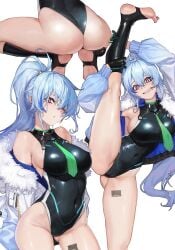 1girls ass ass_visible_through_thighs barcode barcode_tattoo bare_shoulders barefoot big_breasts black_gloves black_legwear black_one-piece_swimsuit blue_hair blush breasts cameltoe closed_mouth coat competition_swimsuit ephnel feet female female_focus female_only fur_trim fur_trimmed_coat gloves green_necktie groin impossible_clothes impossible_swimsuit kneehighs large_breasts leg_spread leg_tattoo light-skinned_female light_skin long_sleeves looking_at_viewer multiple_views necktie off_shoulder one-piece_swimsuit only_female open_clothes open_coat ponytail purple_eyes sideboob simple_background socks soles solo solo_female solo_focus soul_worker split squat squatting standing standing_on_one_leg standing_split stirrup_legwear swimsuit tattoo thighs toeless_legwear toes tunamayo_(dsasd751) white_background white_coat