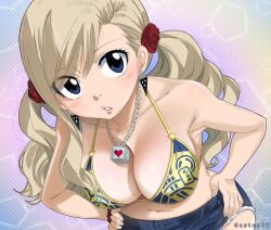 1girls b-cube b_cube bikini blonde_hair blue_background blue_eyes blue_shorts breasts cleavage colored earrings edens_zero female female_only gaston18 hair_ornament hand_on_hip highres jewelry large_breasts leaning_forward looking_at_viewer mashima_hiro navel necklace parted_lips polka_dot_background purple_background rebecca_bluegarden shorts solo solo_female standing swimsuit twintails upper_body