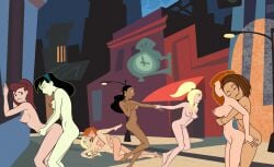 accurate_art_style ann_possible bonnie_rockwaller britina casual dark_skin disney disney_channel exhibitionism futa_on_female futanari gagala group_sex human implied_futanari implied_sex kim_possible kimberly_ann_possible monique_(kim_possible) night nipples orgy pale_skin public public_nudity public_sex shego street tara_(kim_possible)