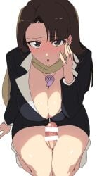 1futa bar_censor big_breasts big_penis blush breasts brown_eyes brown_hair censored cleavage clothed clothing erection futa_only futanari gyakuten_saiban high-angle_view human kneeling light-skinned_futanari light_skin long_hair looking_at_viewer mia_fey mostly_clothed penis penis_out seiza sitting solo sweat yu11ma11 yuuma_(yuma1111)