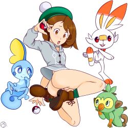 4girls bottomless brown_eyes brown_hair casual clothing female female_only feral footwear game_freak gloria_(pokemon) grookey hat headwear human multiple_girls open_mouth pale_skin pokeball pokemon pokemon_ss rasenxoru scorbunny shoes sobble transparent_background white_fur