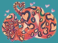 1boy ass asudem_(scalesandspirals) blue_background coils heart hi_res leaning_on_elbow looking_at_viewer male male_only monster_boy naga pointy_ears scalesandspirals smiling smiling_at_viewer snake teeth_showing tentacle_hair voluptuous yellow_eyes