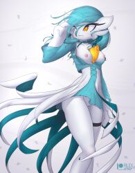 anthro blue_hair blush breasts choker clothing eyelashes female gardevoir hair holding_hair one_eye_closed pokémon_(species) pokemon pokemon_(species) pussy rilex_lenov shiny_pokemon smile solo thigh_band wind yellow_eyes