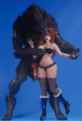 1boy 1girls 3d amber_eyes anthro black_fur blue_background boots breast_grab breasts_out brown_hair canine_penis dominant dominant_male fangs female furry half-erect high_heel_boots holding_hand imminent_rape imminent_sex large_breasts large_penis long_hair miniskirt nipple_piercing nisama3dx parted_lips simple_background size_difference standing thighhighs vampire werewolf