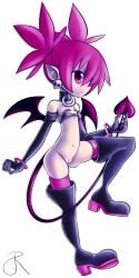 boots bottomless choker demon_girl demon_tail demon_wings disgaea etna female flat_chest hair_over_one_eye heel_boots nippon_ichi_software pink_hair pointy_ears pussy rasenxoru skull_earrings smile solo tail thigh_boots transparent_background twintails wings