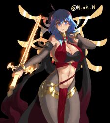 1girls absurdres alternate_costume armlet bangs bare_shoulders blue_eyes blue_hair blush bodystocking bodysuit bra bracelet brand_of_the_defile breasts bridal_gauntlets bridal_legwear byleth_(fire_emblem) byleth_(fire_emblem)_(female) cleavage clothing_cutout collar cosplay crest_of_flames curvy dancer detached_sleeves dorothea_arnault dorothea_arnault_(cosplay) dorothea_arnault_(plegian)_(cosplay) eyes_of_grima feather_hair_ornament feathers female female_only fire_emblem fire_emblem:_three_houses fire_emblem_heroes gold_choker gold_trim hair_between_eyes hair_ornament hand_in_own_hair highres jewelry large_breasts loincloth long_hair looking_at_viewer midriff n_ah_n navel navel_cutout nintendo open_mouth pantyhose plegian revealing_clothes see-through see-through_legwear see-through_sleeves simple_background solo sword_of_the_creator thighs underwear wide_hips