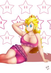 1girls arm_up blonde_hair blue_eyes breasts cleavage clothing crown deviantart digital_media_(artwork) female female_only long_hair looking_at_viewer mario_(series) nintendo pink_swimsuit posing princess princess_peach simple_background solo star templarpt1993