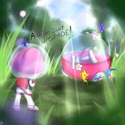 1boy 3girls backpack blue_pikmin brittany_(pikmin) digital_art digital_media_(artwork) digital_painting_(artwork) english_text female forest fully_clothed helmet male monophallia nintendo outside penis penis_head pikmin pikmin_(species) rasenxoru red_pikmin signature signed yellow_pikmin