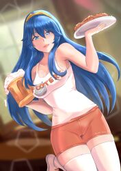 1girls alcohol alternate_costume bare_thighs beer beer_mug blue_eyes blue_hair breasts cleavage employee employee_uniform female female_only fire_emblem fire_emblem_awakening food holding_beer_mug holding_plate hooters hooters_uniform indoors large_breasts leg_up long_hair looking_at_viewer lucina_(fire_emblem) medium_breasts nintendo open_mouth orange_shorts plate rinku_bny shoes shorts smile solo symbol-shaped_pupils tank_top thighhighs thighs waitress waitress_uniform white_tank_top