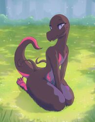 2022 ambiguous_gender ass bedroom_eyes black_eyes black_skin cute_fangs female_pokemon feminine feminine_pose grass grass_field hands_on_thighs hands_together lizard looking_at_viewer looking_up loving_gaze monster no_breasts pokemon pokemon_(species) pokemon_sm purple_and_black purple_body red_tail reptile reptile_humanoid salazzle seductive seductive_eyes seductive_look seductive_smile shoutingisfun sitting smiling smiling_at_viewer solo solo_female suggestive_look thick_ass thick_thighs