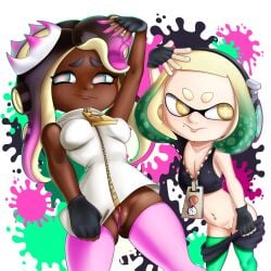 2girls dark-skinned_female fingerless_gloves inkling large_breasts light-skinned_female marina_(splatoon) mole_under_mouth multiple_girls nintendo no_panties octoling off_the_hook_(splatoon) pearl_(splatoon) rasenxoru small_breasts splatoon splatoon_2 transparent_background zipper