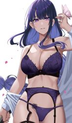 1girls ara_ara blush braid braided_hair breasts busty butterfly cameltoe cleavage curvaceous curvy female female_only gaitoou garter_belt garter_straps genshin_impact hi_res japanese_clothes kimono large_breasts light-skinned_female light_skin lingerie looking_at_viewer milf purple_eyes purple_hair raiden_shogun smile sword thighhighs underwear